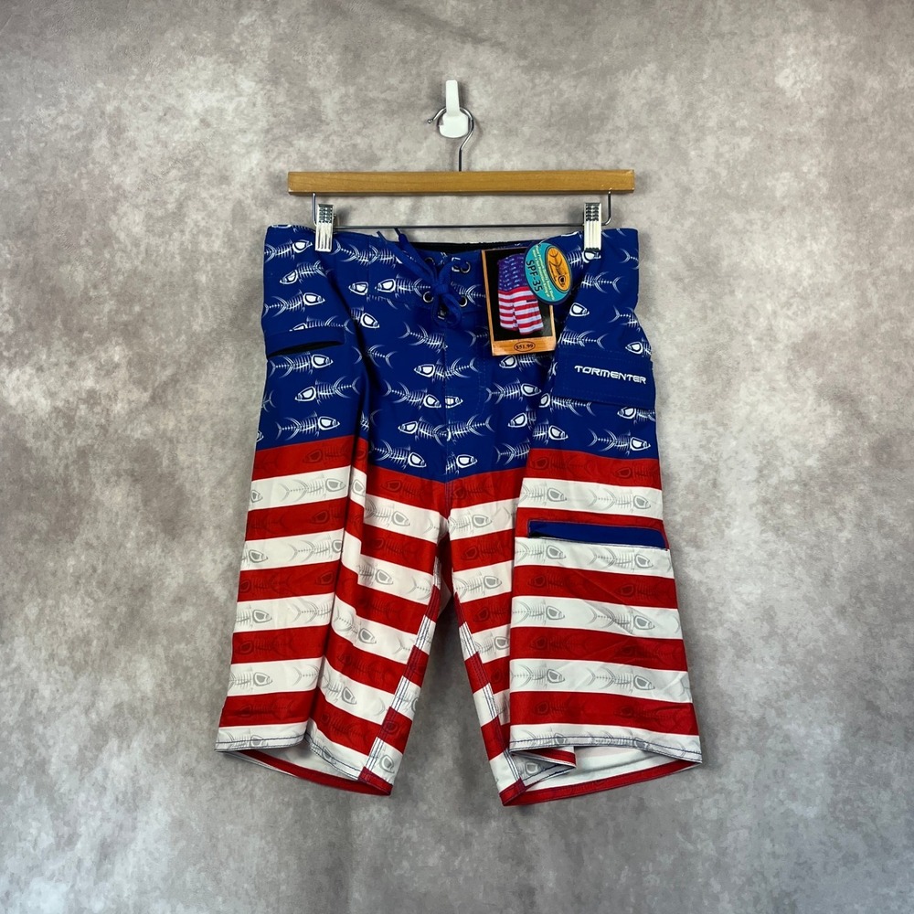 NWT Tormenter Mens Board Shorts Size‎ 30 American Flag Fish Bone 4 Way Stretch